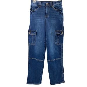 Project Indigo Womens Cargo Jeans Size 1 Dark Wash Denim Straight Leg Mid Rise